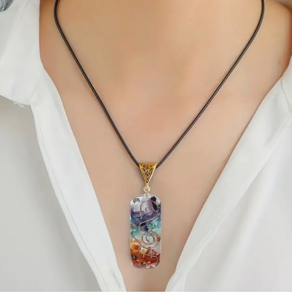 Multicolor Chakra Healing stones , Pendant Necklace on Black Cord